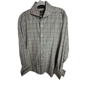 Steven Land Modern Fit Men’s Black Gray White Plaid Long-Sleeve Dress Shirt